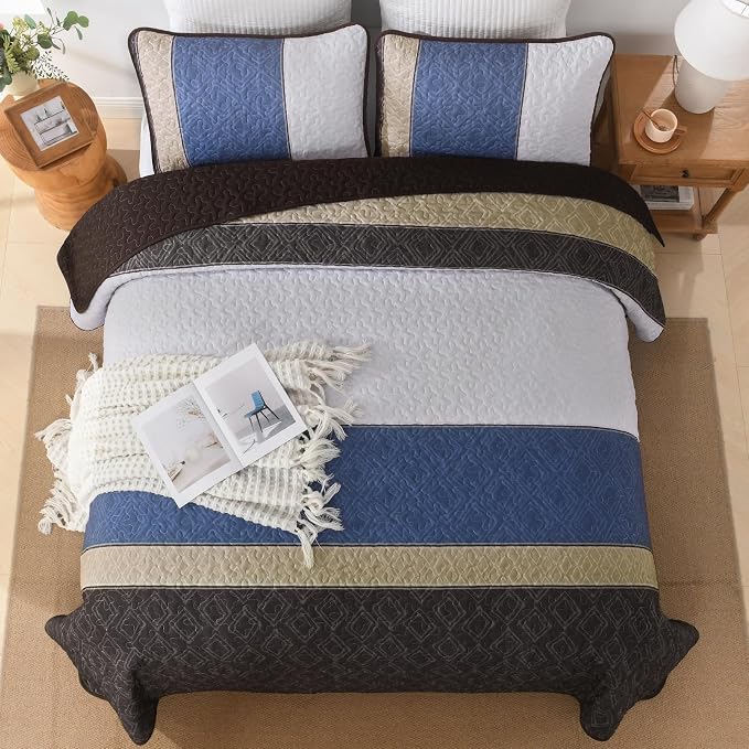 Cottolester Quilts Queen Size,Brown Blue Striped Bedspread Coverlet Set | Modern Striped plaid Pattern Design,Ultra Soft Lightweight Microfiber Quilted Bedding Sets for All Seasons 110"x90"