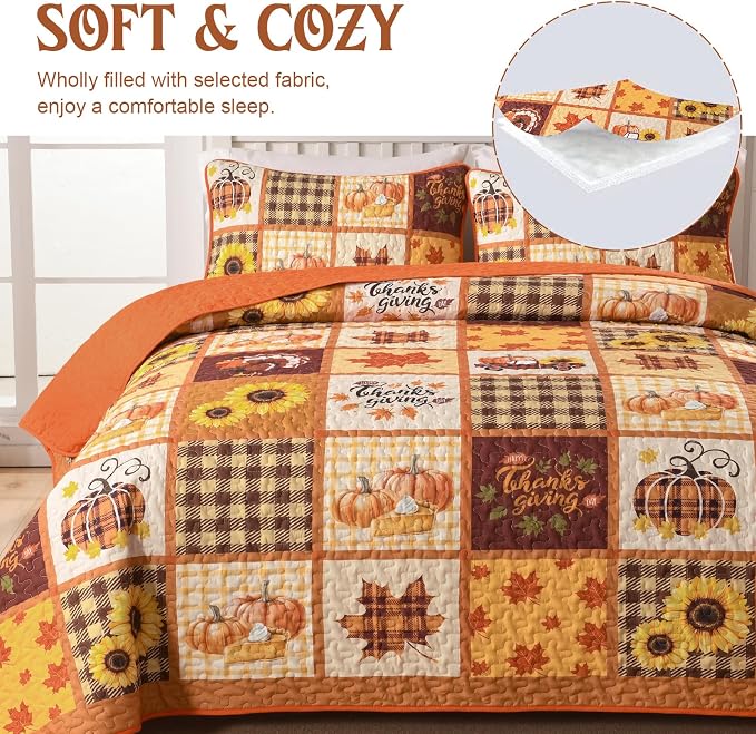 Fall Patchwork Quilt Set King, Thanksgiving Pumpkin Maple Leaves Bedding | Orange Brown Autumn Bedspread Sunflower Pattern, Soft Microfiber Coverlet Thanksgiving Day Gift with 2 Pillowcases