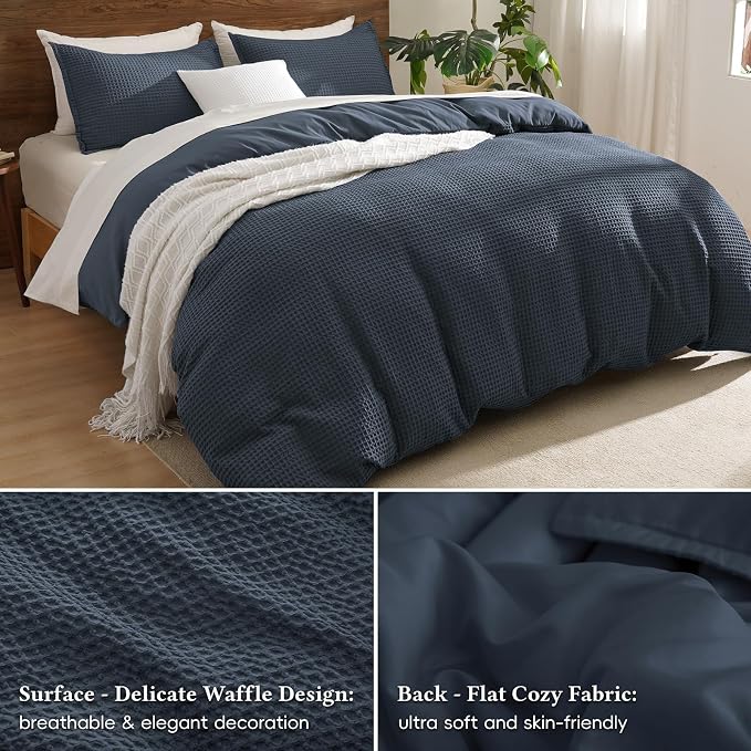 David's Home Textured Waffle Weave Duvet Cover Set, King Size, Indigo | Breathable Cozy for All Season, 300GSM, 3PCS Home Bedding Decor, OEKO-TEX Certified, Hidden Zipper, 8 Corner Ties, 104" X 90"