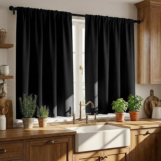 PONY DANCE Short Blackout Kitchen Curtains 36 inch Length, Black, 2 Panels | Half Window Cafe Panles, Black Out RV Bunk Drapes, Thermal Insulated Small Curtains for Basement&Camper, W42 x L36 inches