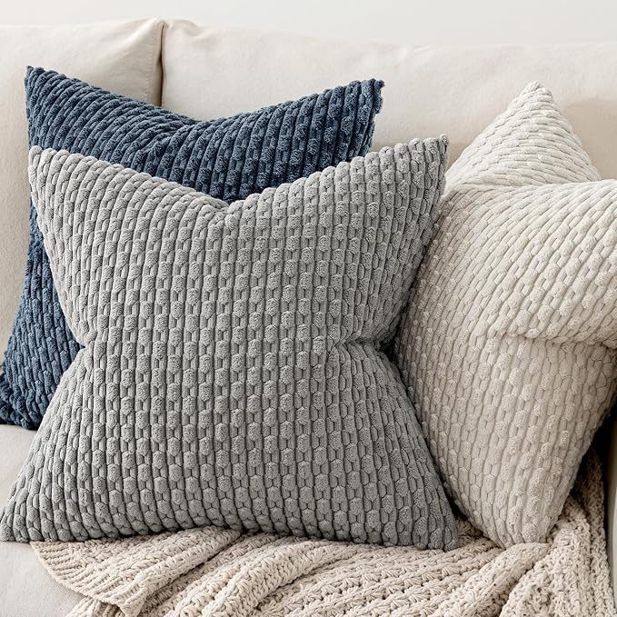 MIULEE Decorative Throw Pillow Covers 16x16 Cream White Textured Corduroy | Pack of 2 Striped Pillow Covers Modern Farmhouse Home Decor for Couch Bed Sofa Living Room