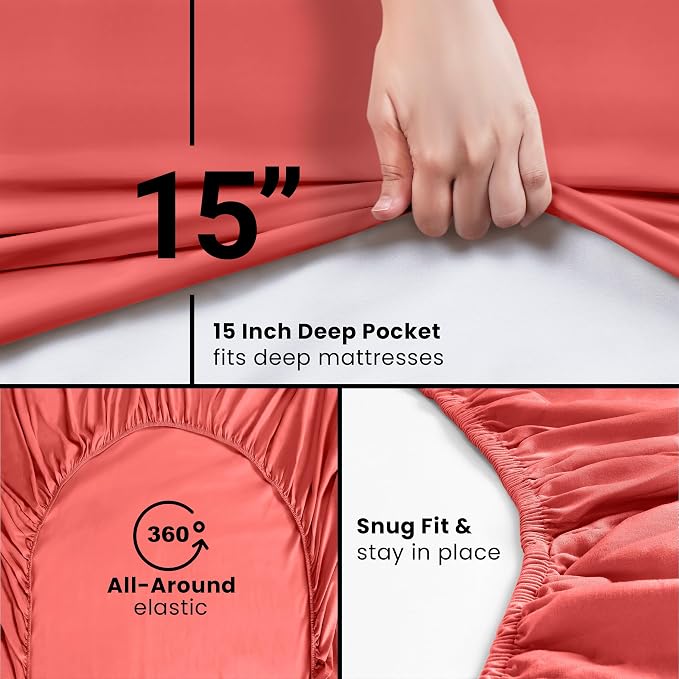 Full Fitted Sheet, Ultra Soft Fits Up to 16 Inch Deep Pocket, Coral | Hotel Comfort, Cooling & Breathable Cotton like Polyester, Easy Fit, Wrinkle & Fade Resistant, Snug Fit, Easy Care, Oeko-Tex