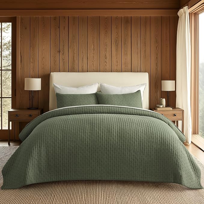 Cross Stitch Pre-Washed Cotton Quilt Bedding Set King Size, Oversized 3 Pieces Lightweight Bedspread Coverlet for All Season, with 2 Matching Shams, Olive Green,108"x96"