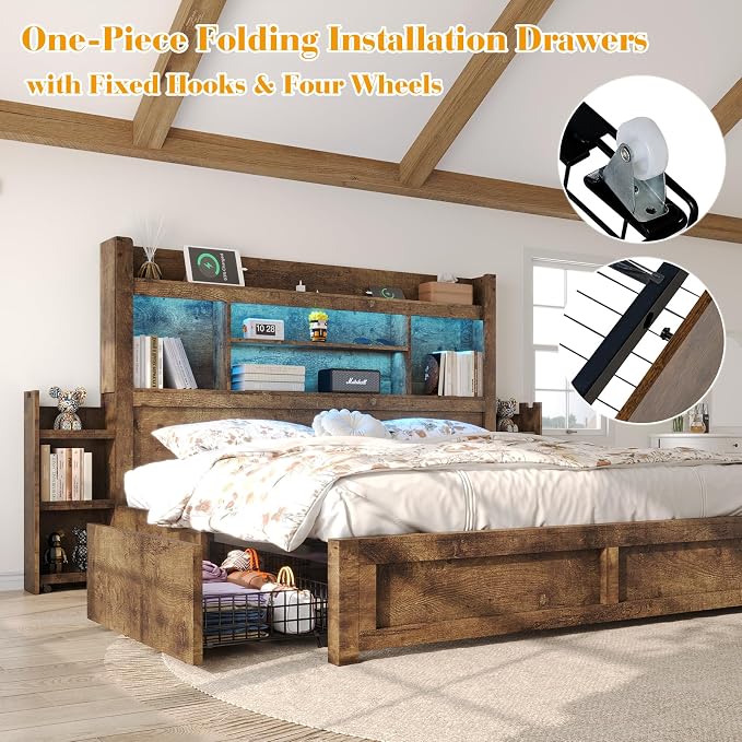 LUXOAK Queen Bed Frame with Storage, Bookcase Headboard, Rustic Brown | 49.6" Headboard, Wood Platform Bed, Charging Station, Bedside Storage, 4 Storage Drawers, No Box Spring Needed, Farmhouse