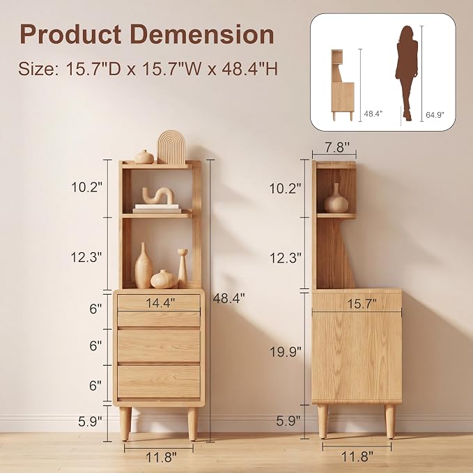 Solid Wood Bookshelf Nightstand Combo, Tall Nightstand with Bookshelf | Oak Nightstand Bookshelf,Narrow Nightstand with Drawers,Open Shelf Bookcase,for Bedroom,Living Room,Offices