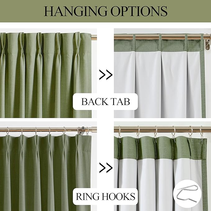 Vision Home Dark Green Pinch Pleated Full Blackout Curtains Linen Blended Room Darkening Curtain Panels 102 inch for Living Room Bedroom Thermal Insulated Pinch Pleat Drapes with Hooks 40" Wx102 Lx2