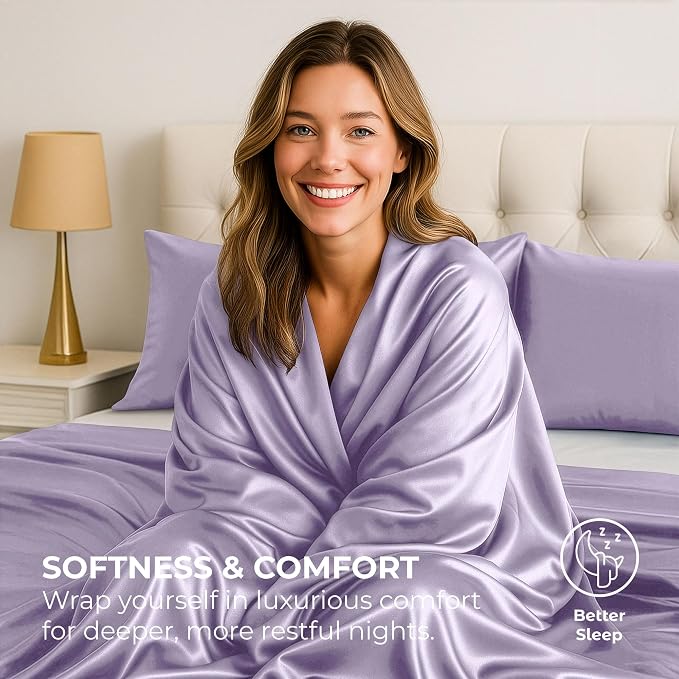 Satin Sheets Full [4-Piece, Lavender] Hotel Luxury Silky Bed Sheets - Extra Soft 1800 Microfiber Sheet Set, Wrinkle, Fade, Stain Resistant - Deep Pocket Fitted Sheet, Flat Sheet, Pillow Cases