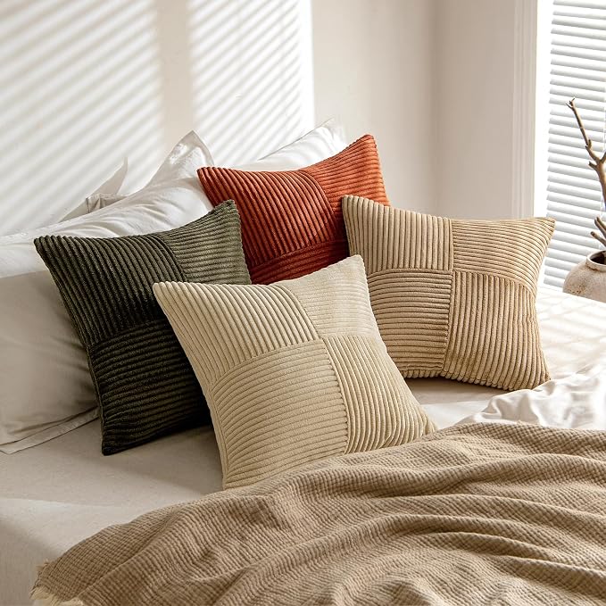 MIULEE Rust-Olive Green Decorative Throw Pillow Covers 18x18 Inch Set of 4 Boho Color-Clash Cushion Cases Farmhouse Pillow Cases Corduroy Striped Home Decor for Couch Sofa Living Room Bed