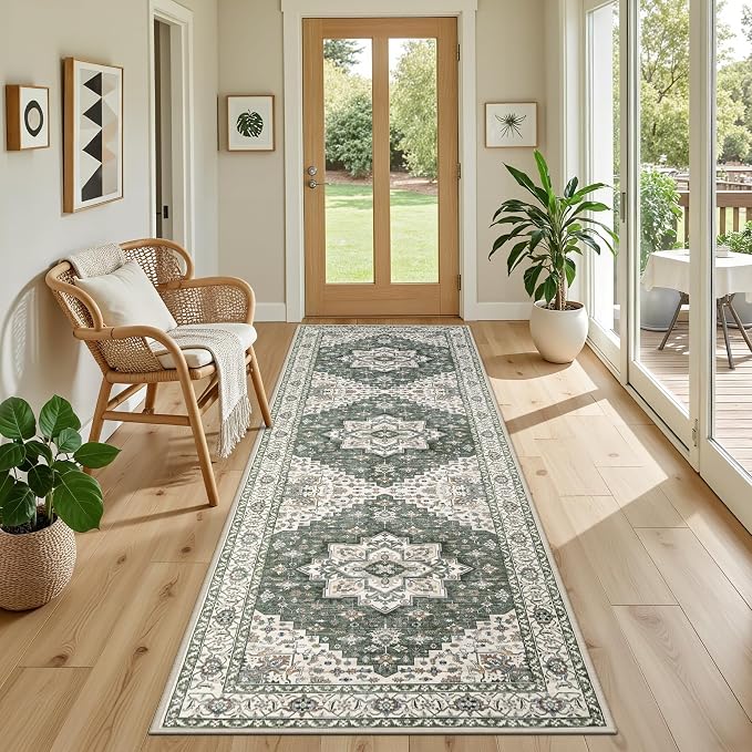 Hallway Runner Rug: 2.6x8 Kitchen Rugs for Living Room Green Ivory | Runner Rug Hallway Washable Rug No Slip Soft Bedroom Rug Indoor Floor Stain Resistant Carpets for Entryway, Laundry, Bathroom