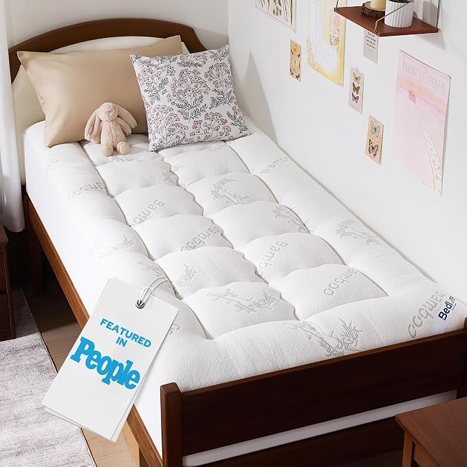 BEDLORE Twin XL Mattress Topper Viscose Bamboo, Pillow Top Mattress Pad | Deep Pockets Fit 6”-15” Mattress, Soft Breathable Thick Dorm-Size Mattress Topper for Students and Hot Sleepers(White)