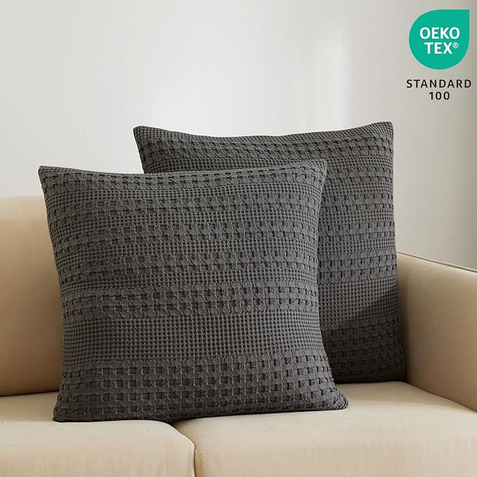 PHF 100% Cotton Waffle Weave Euro Sham Covers, 2 Pack 26" x 26" Bed Pillow Covers for Elegant Home Decor, No Filling, Luxury Aesthetic Soft Euro Pillow Cases for Bed, Charcoal Grey