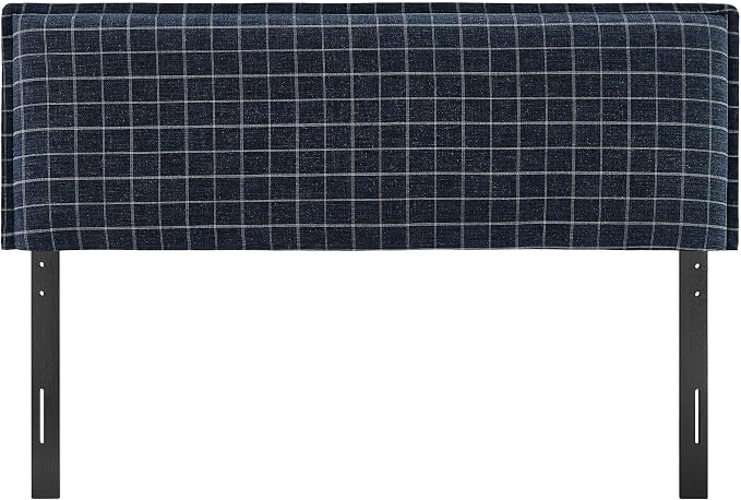 Modway Camille King Size Checkered Linen Blend Plaid Headboard with Removable Slipcover – in Denim Windowpane Check - Padded Pillow Style Headboard with Adjustable Mounting for King Beds