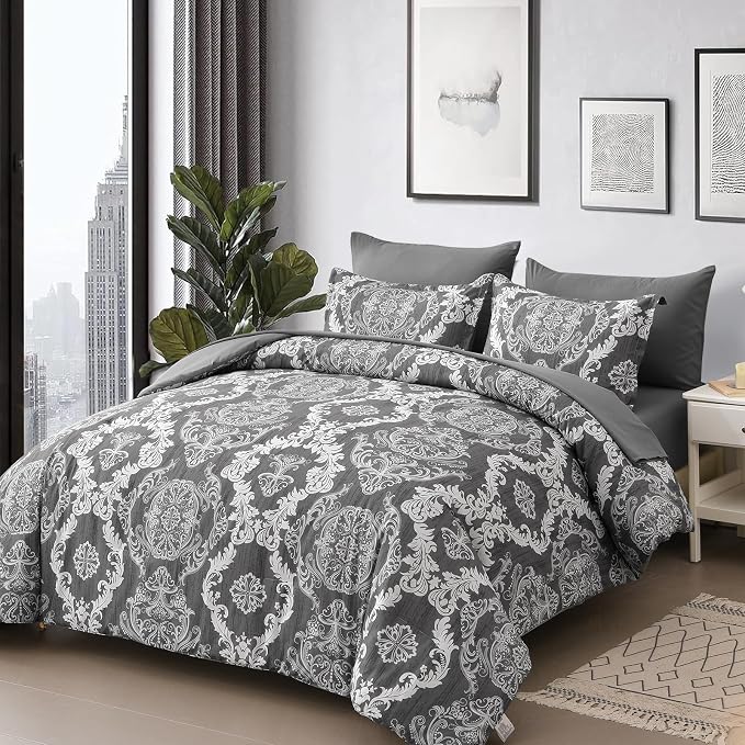 WONGS BEDDING Dark Grey Comforter Set Queen Size, Damask Texture 7 Pieces Bed in a Bag Microfiber Comforter Bedding Sets -1 Comforter, 1 Flat Sheet, 1 Fitted Sheet, 2 Pillow Shams, 2 Pillowcases
