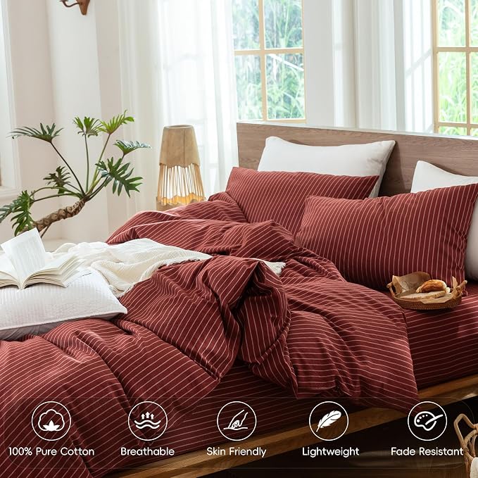 MooMee Striped Duvet Cover Set 100% Washed Cotton Linen Like King | Relaxed Linen-like Texture. Soft, Breathable & Long-lasting Comfort. Lightweight. Hidden Zipper with 8 Interior Corner Ties
