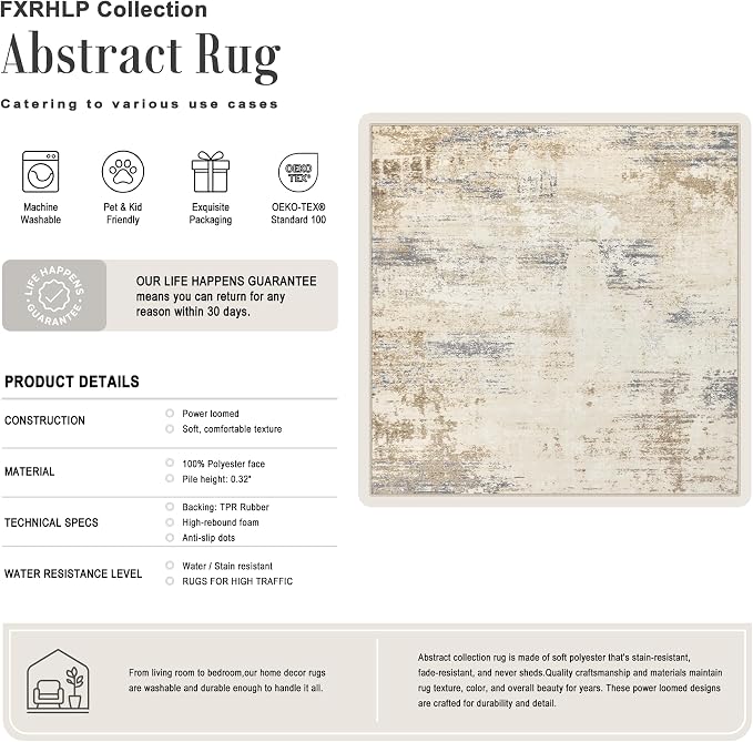 Area Rug Living Room: 5x5 Modern Washable Soft Carpet Beige Brown | For Bedroom Dining Room Farmhouse Nursery Hallway Office,Modern Abstract,Machine washable,Non-Slip,Stain Resistant,Indoor