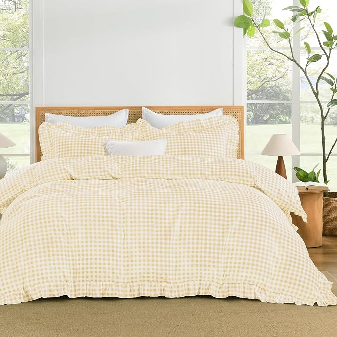 Andency Yellow Gingham Duvet Cover King, Ruffle Shabby Bedding Set 3 Pcs | Farmhouse Soft Pre-Washed Polyester Comforter Cover with Zipper Closure & Corner Ties, 104x90Inch