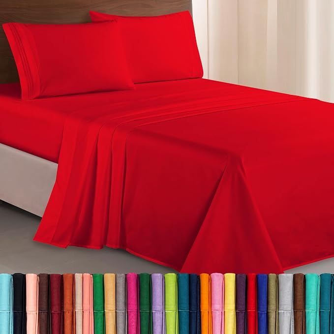 Elegant Comfort Luxurious 1500 Premium Hotel Quality Microfiber Three Line Embroidered Softest 4-Piece Bed Sheet Set, Wrinkle and Fade Resistant, Full, Red