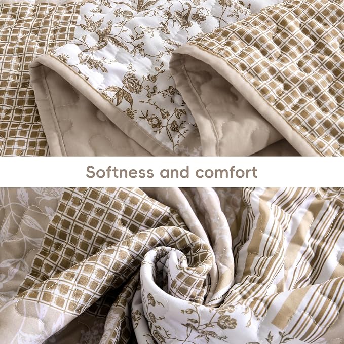 Mybedsoul Boho Quilts Queen Size, Beige Patchwork Floral Bedding Set | Soft Lightweight Microfiber Coverlet Set, 3 Pieces Plaid Reversible Bedspread, Bed Sets for All Seasons 96"x90"