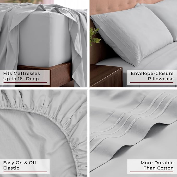Mellanni Iconic 4-Piece, Ultra Soft Sheet Set (California King, Light Gray) | 10M+ Sleepers. Lab-tested: Sleeps Cool, Stays Bright, Strong, Smooth. Good Housekeeping Best Bedding, 7 yrs running.