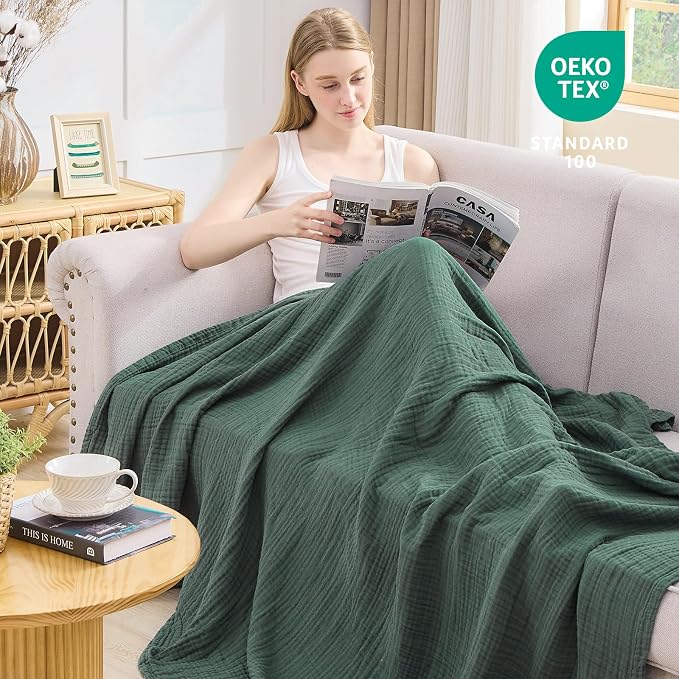 EMME Muslin Blankets for Adults Throw Blanket for Couch Breathable Gauze Soft Lightweight Airy Forest Green Throw XL 50" x 71"