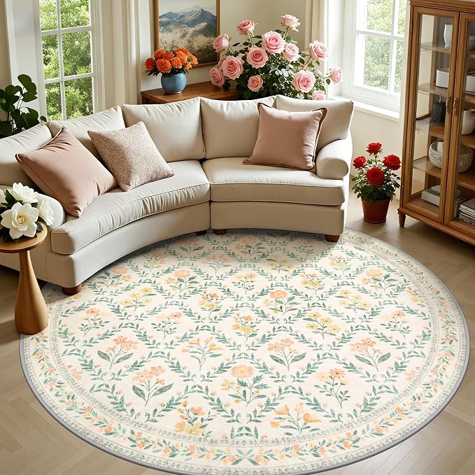 PLHXFR Round Area Rug Living Room: 8 ft Floral Washable Carpet Beige Multi | For Bedroom Dining Room Farmhouse Nursery Hallway,Vintage Floral,Machine washable,Non Slip,Stain Resistant,Large Indoor