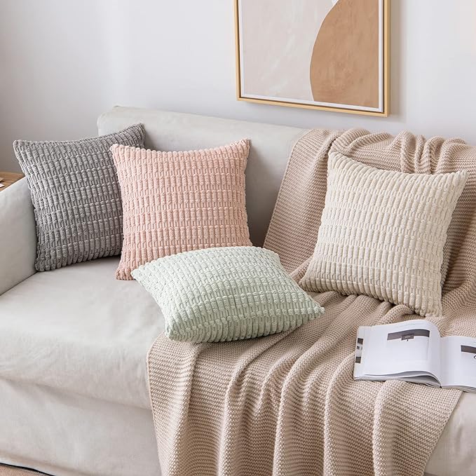 MIULEE Euro Sham Corduroy Decorative Throw Pillow Covers 24x24 Light Green | Pack of 2 Soft Boho Striped Pillow Covers Modern Farmhouse Home Decor For Sofa Living Room Couch Bed