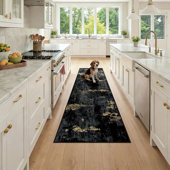 RELEANY Washable Runner 2'x7' Abstract Area Rug for Hallway Black Gold | Carpet for Kitchen, Entryway, Bathroom, Living Room, Bedroom, Printed Pattern, Non‑Slip, Soft, Stain‑Resistant, Easy to Clean