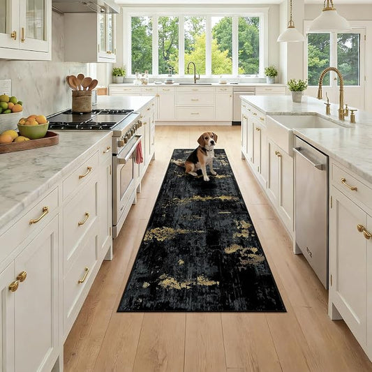RELEANY Washable Runner 2'x7' Abstract Area Rug for Hallway Black Gold | Carpet for Kitchen, Entryway, Bathroom, Living Room, Bedroom, Printed Pattern, Non‑Slip, Soft, Stain‑Resistant, Easy to Clean