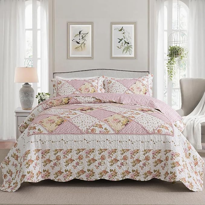 Quilt Set King Size, Bedspread Sets Pink Botanical Floral, Reversible Quilt Bedding Set Lightweight and Breathable for All Seasons, Soft Quilted Bedspread with 2 Pillow Shams