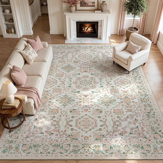 8x10 Area Rugs for Living Room,Large Washable Floral Carpet Pink | Durable Stain Resistant,Kid Pet Friendly,Compatible with All Vacuums,0.25inch Low Pile for Bedroom Dining Room Home Office
