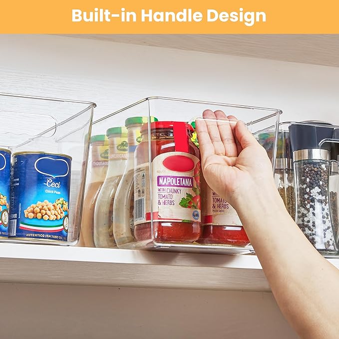 YIHONG Clear Plastic Storage Bins, 16 Pack Pantry Organizer Bins with Handle for Kitchen, Freezer,Cabinet,Closet Organization and Storage(XL)