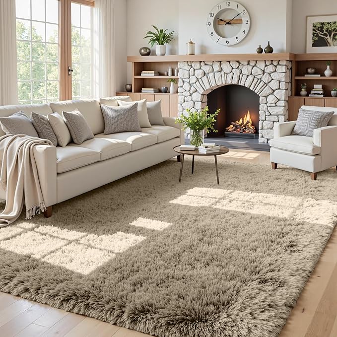 5x8 Fluffy Shag Area Rugs for Living Room Bedroom: Soft Carpet Gray Camel | Upgraded Non-Slip Thick Memory Foam, Ultra Soft, Non-Shedding Fuzzy Carpet, Easy Clean Decor for Kids Room, Nursery, Playroom