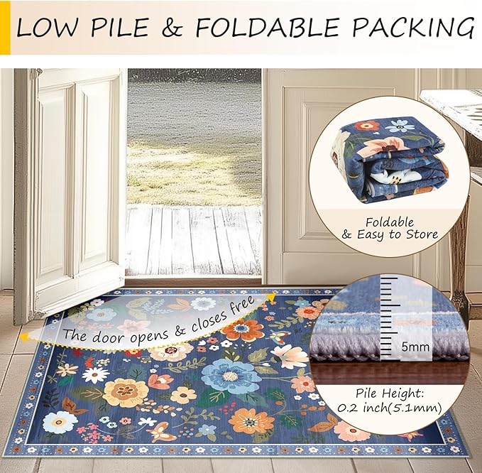 RELEANY Floral Washable Round 6ft Area Rug Blue/Grey | Flower Carpet, Print, Boho, Non-Slip, Easy to Clean, Soft, Low Pile for Living Room Bedroom Kitchen Office Entryway Hallway