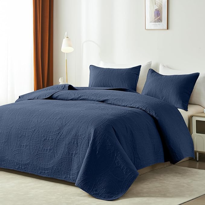 akkialla Navy Twin Quilt Set, Ultrasonic Lightweight Bedspread Coverlet for Modern Minimalist Bedroom, Soft Microfiber Coin Pattern Bedding, 2-Piece (1 Quilt, 1 Pillow Sham) | Breathable fabric