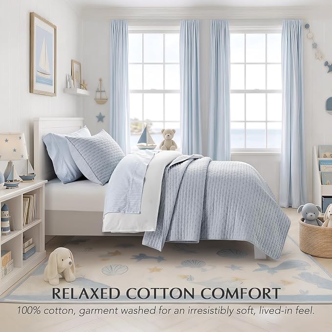 100% Cotton Cross Stitch Quilt Set, Twin, Powder Blue | 100% Cotton, Elegant Cross Stitch, Soft & Breathable, Prewashed Softness, Oversized Design, OEKO-TEX® Certified