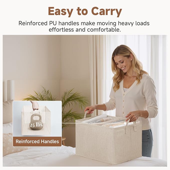 StorageWorks Storage Bins, Fabric Storage Bins for Shelves, Extra Large Storage Baskets with Metal Frame, Closet Baskets and Bins with Handles, Jumbo, Khaki and Beige Stripes, 2-Pack | Extra Large, With Reinforced Handles, Metal Frame, Collapsible, Bas...