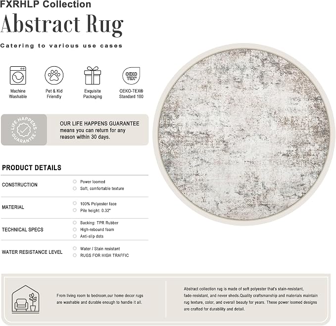 Round Area Rug Living Room: 6 ft Modern Washable Carpet Brown | For Bedroom Dining Room Farmhouse Nursery Hallway Office,Modern Abstract,Machine washable,Non-Slip,Stain Resistant,Indoor