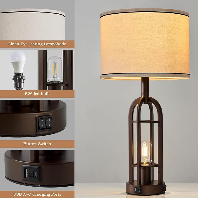 SRJJA Farmhouse Table Lamps for Living Room Bedroom Set of 2 - Rustic Industrial Bedside Lamps for Night Stands with USB A+C, 24" Vintage Nightstand Lamp with Night Light, Bulbs Included