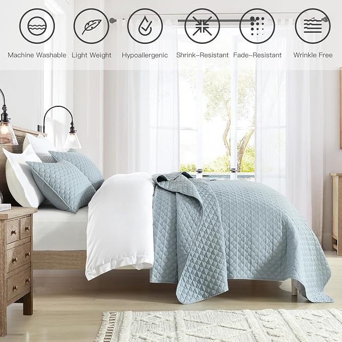 HORIMOTE HOME Quilt Queen Size Chambray Blue, Lightweight Quilts for Summer Ultra-Soft Microfiber Modern Style Quilted Clouds Pattern Bedspread Quit Set 3 Pieces(1 Quilt and 2 Pillow Shams)