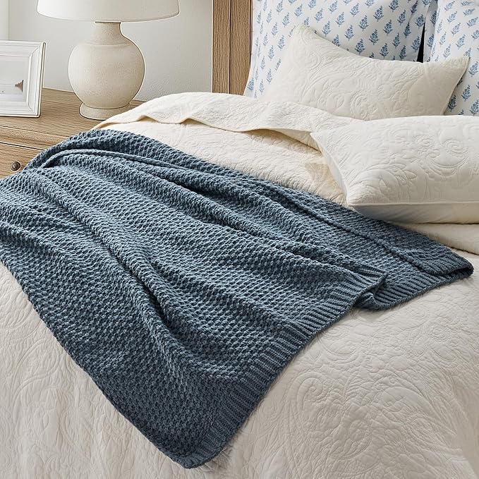 EVERGRACEHOME Chunky Chenille Knit Throw Blanket, 60 x 80, Stormy Blue | Sculpted Moss Stitch, Chic Modern Farmhouse, All-Season Warmth, OEKO-TEX® Certified, Elegant Blanket for Couch, Bed, Sofa