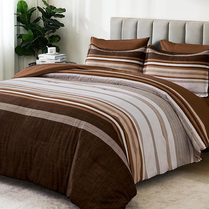 Dobuyly Fall Brown Comforter Queen Size 7 Pieces, Boho Striped Bed in a Bag Set, Soft Microfiber Bedding Set with Comforter, Sheets, Pillowcases & Shams