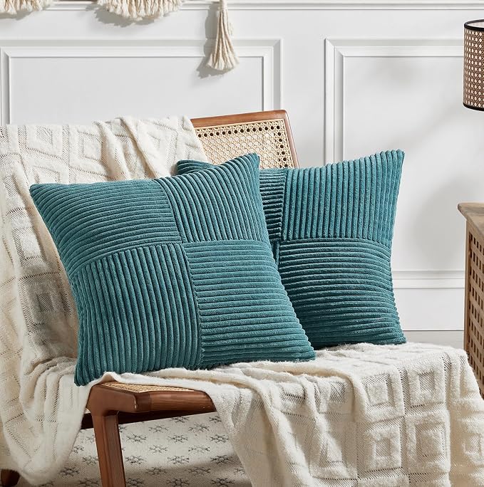 Fancy Homi 2 Packs Teal Decorative Throw Pillow Covers 20x20 Inch for Living Room Couch Bed Sofa, Rustic Farmhouse Boho Home Decor, Soft Corss Corduroy Patchwork Accent Square Cushion Case 50x50 cm