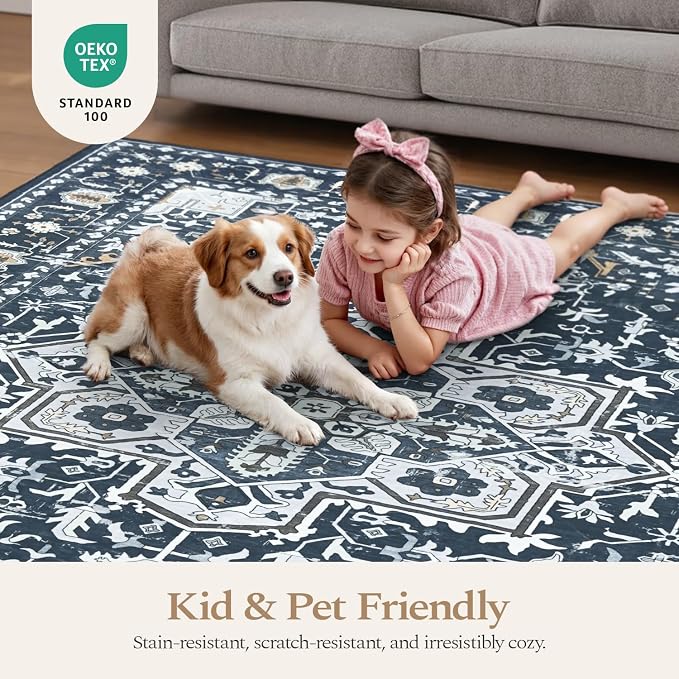 Rugflix 2x3 Entrance Rugs, Washable Navy Blue Entry Small Rug | Machine Washable; Stain-Resistant; Low Pile; Non-Slip; Vintage Printed; Carpet for Bedroom Dining Office Nursery Home