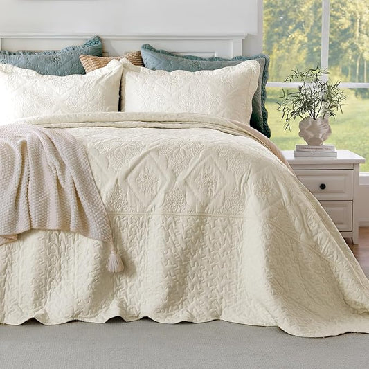 Cmfshape Oversized Floral Embroidery Quilt Set,3 Pieces Super King Quilt Bedding Set,Classic Diamond Pattern Quilt,Ultra Soft Lightweight Bedspread Coverlet for All Season(Cream White,120"x120")
