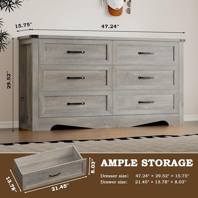 BORNOON 6-Drawer Dresser for Bedroom, Modern Wooden Chest of Drawers with Metal Handles, Anti-Tipping Design, Sturdy and Stable Storage Organizer for Living Room, Entryway, Home Office