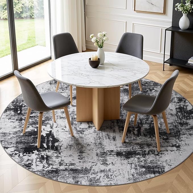 Rugflix Round Area Rugs 8Ft for Living Room, Washable Black Grey Circle Rug | Machine Washable; Stain-Resistant; Low Pile; Non-Slip; Modern Abstract; Carpet for Bedroom Dining Office Nursery Home