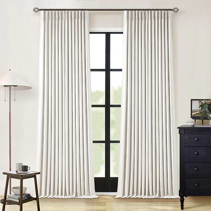 Natural Cream Linen Black Out Curtains 120 Inch Long Pinch Pleat | Room Darkening Thermal Insulated, Pleated Back Tab, Extra Long Curtains, Boho Farmhouse, for Living Room Bedroom 2 Panels
