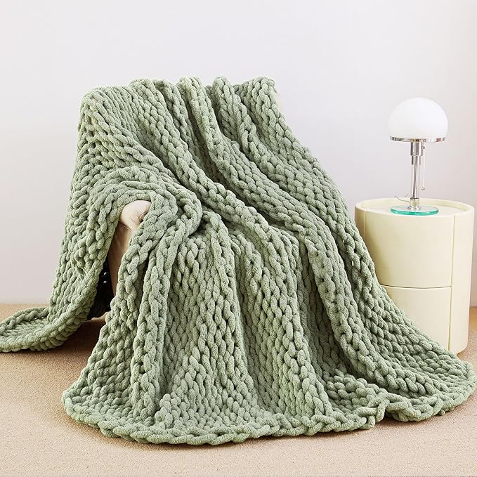 Chunky Knit Blanket Throw for Couch, 60"x80" Chunky Yarn Knitted Blankets | 100% Hand Knit Thick Chenille, Soft Breathable for Bed, Sofa, Home Decor, Cozy Gifts for Women Friends, Sage Green