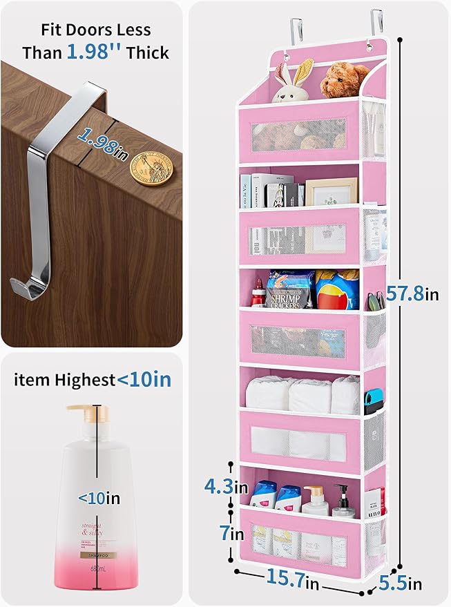 JARLINK Over the Door Organizer for Bedroom, Pantry, Bathroom, 5 Shelf Pink | Anti-Tilt Design, 44 lb Load Capacity, Hanging Door Organizer with 5 Large Capacity Pockets, Behind Door Storage for Nursery