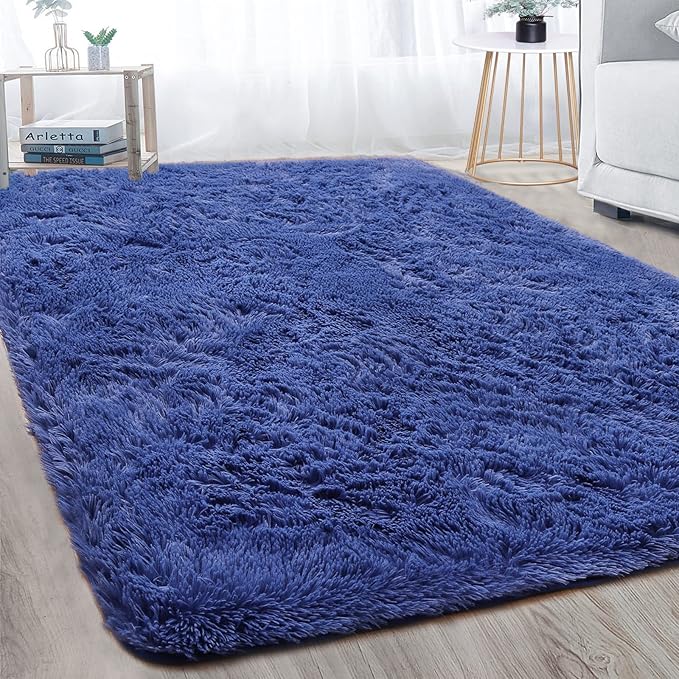Soft Modern Indoor Large Shaggy Rug for Bedroom Livingroom Dorm Kids Room Home Decorative, Non-Slip Plush Fluffy Furry Fur Area Rugs Comfy Nursery Accent Floor Carpet 5x8 Feet, Light Navy